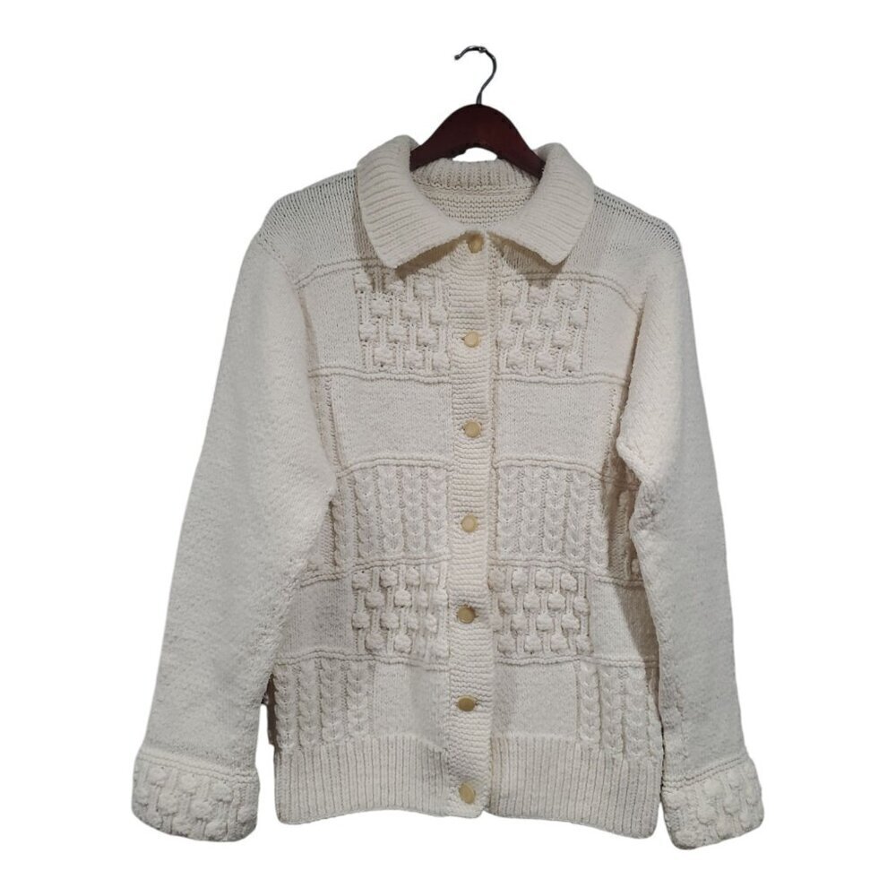 Hand-Knit Wool Cable Knit Button-Down Sweater Cardigan Cream Collared Size M/L